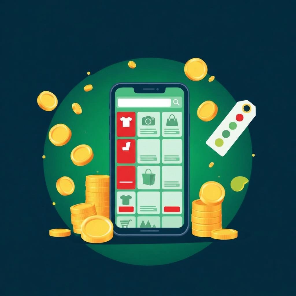 Illustration of a smartphone showing an eBay deals feed surrounded by gold coins